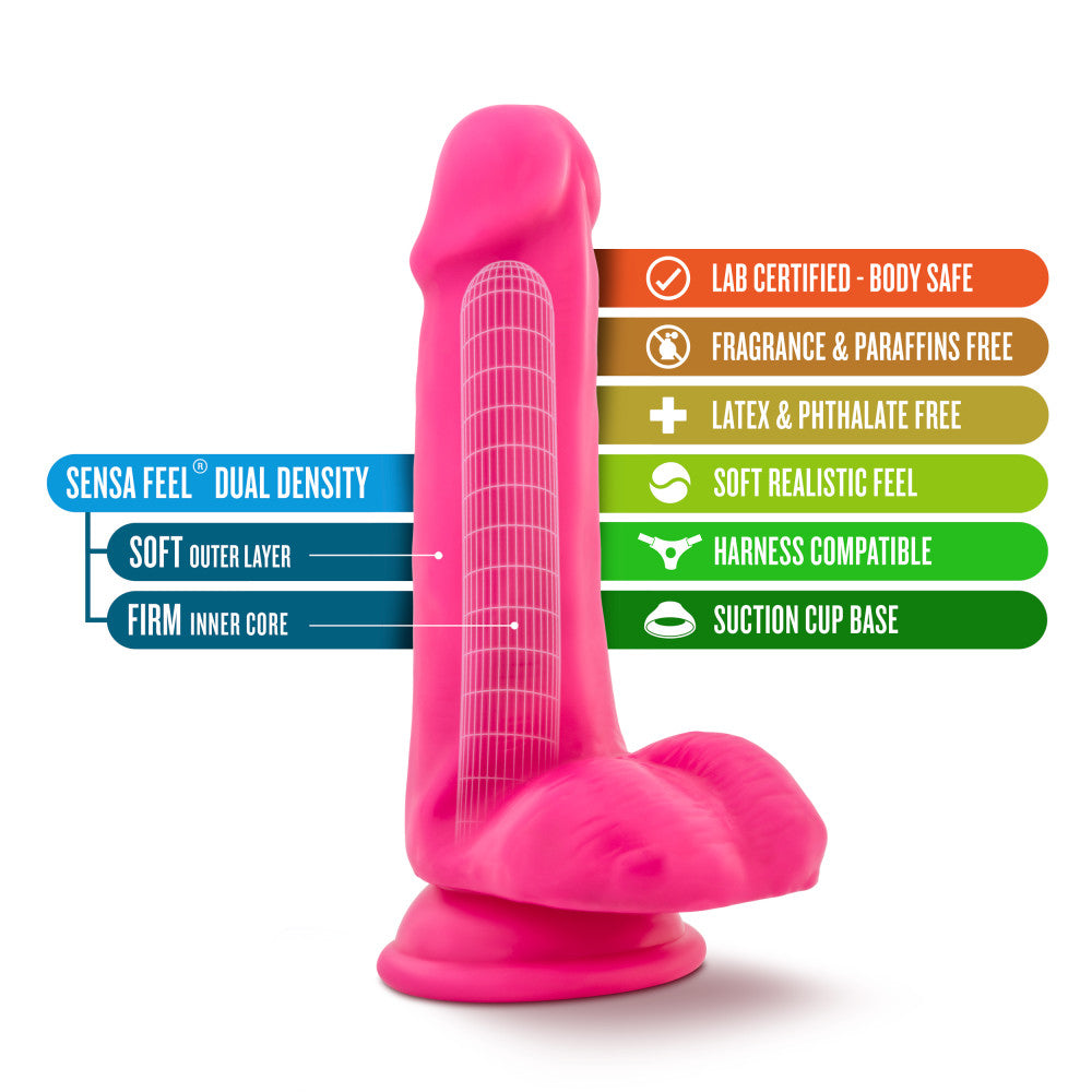Neon pink realistic dildo with a bulbous head, veins along the straight but flexible shaft, realistic balls, and a suction cup base. Additional images show alternate angles.