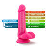 Neon pink realistic dildo with a bulbous head, veins along the straight but flexible shaft, realistic balls, and a suction cup base. Additional images show alternate angles.