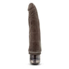 Chocolate skin tone vibrating dildo. Tapered head with veins along the shaft. Slightly thicker at base. Twist dial on bottom to adjust intensity. Additional images show alternate angles.