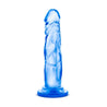 Translucent blue dildo with a slim tapered realistic head for easy insertion and subtle veins along the straight but flexible shaft. Suction cup base. Additional images show alternate angles.