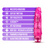 Translucent pink vibrating dildo has a realistic shape, with a subtle tapered head and veins along the shaft. Twist dial on bottom to adjust intensity. Additional images show alternate angles.