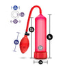 Red cylinder that connects to a squeezable ball pump by a red flexible hose. Includes red pump sleeve and stretchy cock ring.  Additional images show alternate angles.