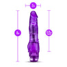 Translucent purple vibrating dildo. Tapered head and slim shaft with defined skin folds and veins. Raised studs at base. Twist dial on bottom to adjust intensity. Additional images show alternate angles.