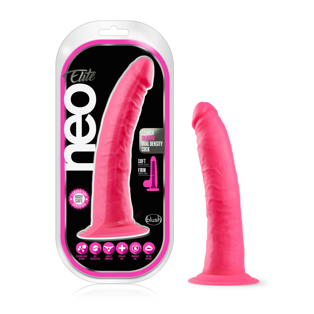 Blush Neo Elite™ | Neon Pink: 7.5-Inch Long Dildo - Made with Purio™ Silicone & SensaFeel® Dual Density Realistic Technology