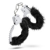 Thin silver metal handcuffs covered with an extra plush black fuzzy sleeve for comfort. Each cuff has a quick release button. Cuffs are connected to each other by a short metal chain. Each cuff has a swinging arm that is used to adjust tightness. Additional images show alternate angles.