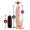 Vanilla skin tone with rounded head and veins along the shaft and plush balls. Suction cup base. Twist dial on wired remote to adjust intensity. Additional images show alternate angles.