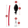 Clear cylinder with safety release valve connected to black squeezable ball pump by red silicone hose.  Additional images show alternate angles.