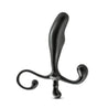 Hard plastic black prostate stimulator with a tapered tip that curves forward, and leads into a slightly larger gentle curve. Body of toy tapers slightly to create a small neck. Looped handle curves away from the body for easy holding on one side, and curves up toward the body on the other side to stimulate the perineum. Additional images show alternate angles.