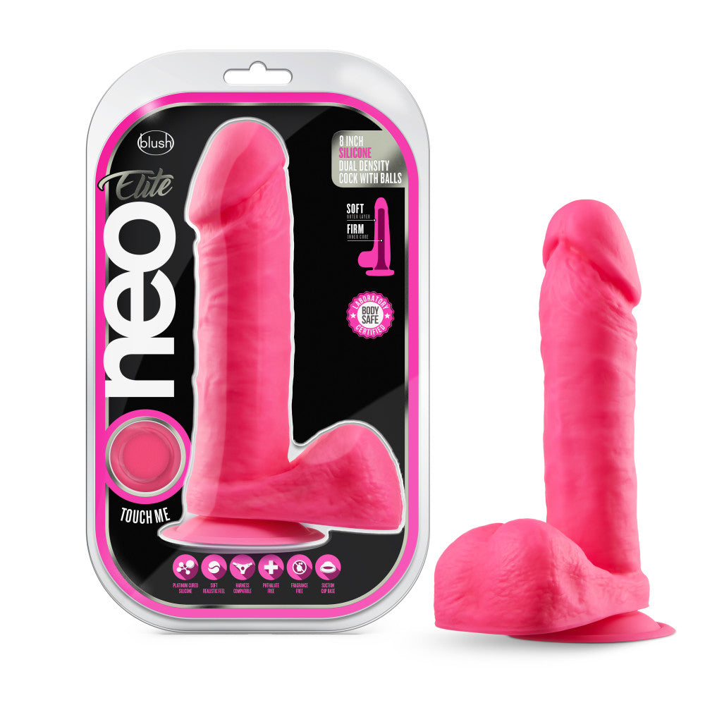 Blush Neo Elite™ | Neon Pink: 8-Inch Long Dildo - Made with Purio™ Silicone & SensaFeel® Dual Density Realistic Technology