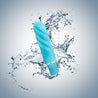 Aqua vibrator. Slim and straight design with rounded tip. Pronounced spiral texture for added stimulation. Push button on bottom to adjust intensity. Additional images show alternate angles.