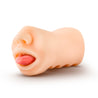 Vanilla skin tone ultra realistic mouth shaped stroker. Features nose, lips, tongue and teeth. Open ended for easy cleaning. Ribbed internal canal. Cylinder shaped body has finger grooves on the underside for a secure grip. Additional images show alternate angles.