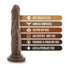 Chocolate skin tone realistic dildo with a tapered head for easy insertion. Features skin folds and veins along the straight but flexible shaft. Suction cup base. Additional images show alternate angles.