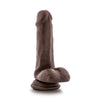 Chocolate skin tone realistic dildo. With a rounded head, subtle veins along the straight but flexible shaft, and realistic balls. Suction cup base. Additional images show alternate angles.