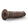 Chocolate skin tone ultra realistic dildo. Featuring a rounded head, veins along the straight but flexible shaft, and a suction cup base. Additional images show alternate angles.