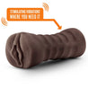 Chocolate skin tone stroker with a vulva shaped opening. Features gentle grooves on the outside for a secure grip. Ribbed internal canal for added stimulation. Additional images show alternate angles.