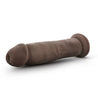 Chocolate skin tone ultra realistic dildo. Featuring a rounded head, veins along the straight but flexible shaft, and a suction cup base. Additional images show alternate angles.