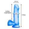 Translucent blue realistic dildo. Featuring a defined rounded head, subtle veins along the straight but flexible shaft, and realistic balls. Suction cup base. Additional images show alternate angles.
