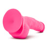 Hot pink realistic dildo. Featuring a rounded head with a pronounced lip, subtle veins along the straight shaft, and round balls. Suction cup base. Additional images show alternate angles.