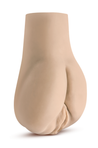 Vanilla skin tone, open-ended stroker, palm-sized, featuring small butt cheeks and an anal opening, as well as a rear view of a vulva and a vaginal opening. Ribbed internal canals. Features a removable corded vibrating egg. Additional images show alternate angles.