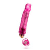 Translucent pink vibrating dildo. Pronounced curved head and subtle veins along the shaft. Twist dial on bottom to adjust intensity. Additional images show alternate angles.