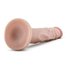 Vanilla skin tone dildo with a slim tapered realistic head for easy insertion and subtle veins along the straight but flexible shaft. Head is slightly tinted in a blush color for a lifelike look. Suction cup base. Additional images show alternate angles.
