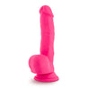 Hot pink realistic dildo. Featuring a rounded head with a pronounced lip, subtle veins along the straight shaft, and round balls. Suction cup base. Additional images show alternate angles.