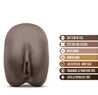 Chocolate skin tone ultra realistic stroker features a vulva with pronounced labia. Stroker has two openings, one vaginal and one anal. Additional images show alternate angles.