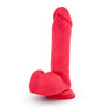 Cerise color realistic dildo. Featuring a rounded head with a pronounced lip, subtle veins along the straight shaft, and realistic balls. Suction cup base. Additional images show alternate angles.