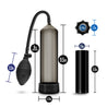 A 4 piece kit including a black squeeze ball penis pump with black transparent cylinder, pump sleeve, hose, and bulb. Also includes 2 stretchy black gear-shaped cock rings and a sleek black stroker that is open on both ends, has a smooth outside, and soft flexible nubs inside the canal for added stimulation. Additional images show alternate angles.