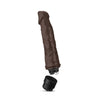 Chocolate skin tone vibrating dildo with curved head with veins along the slightly curved shaft. Twist dial on bottom to adjust intensity. Additional images show alternate angles.