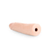 Vanilla skin tone dildo featuring a rounded head and many veins along a slightly upwardly curved shaft. This dildo does not have a flared base. An opening at the bottom of the dildo makes it compatible with Lock On handles, harnesses, and other Lock On adapters. Additional images show alternate angles.