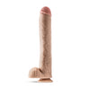 Vanilla skin tone ultra realistic dildo. Extra large dildo featuring a defined head, subtle veins along the straight but flexible shaft, and realistic balls. Suction cup base. Additional images show alternate angles. 