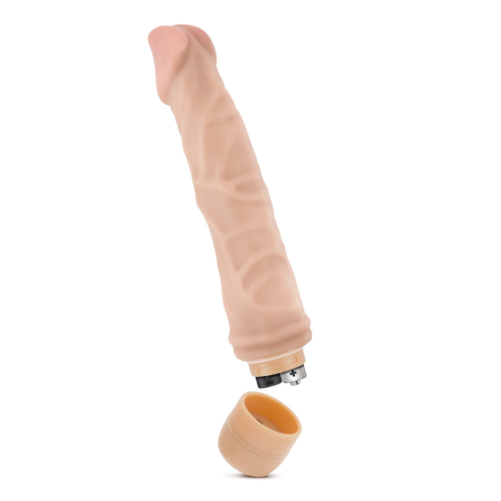 Vanilla skin tone ultra realistic vibrating dildo. Pronounced curved head and veins along the shaft. Twist dial on bottom to adjust intensity. Additional images show alternate angles.