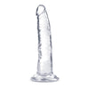 Shows clear dildo without balls and a suction cup standing. Alternate photos show other angles. 