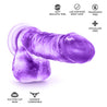 Translucent purple realistic dildo. Featuring a defined rounded head, subtle veins along the straight but flexible shaft, and realistic balls. Suction cup base. Additional images show alternate angles.