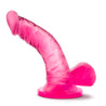 Translucent pink realistic petite dildo. Featuring a small head, veins along the upwardly curved shaft, and realistic balls. Suction cup base. Additional images show alternate angles.