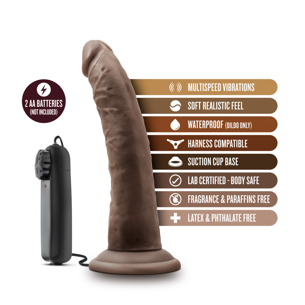 Chocolate skin tone with small tapered head and veins along the shaft, which has a slight upward curve. Suction cup base. Twist dial on wired remote to adjust intensity. Additional images show alternate angles.