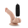 Vanilla skin tone with defined rounded head and veins along the shaft, which has a pronounced upward curve. Plush balls, suction cup base. Twist dial on wired remote to adjust intensity. Additional images show alternate angles.