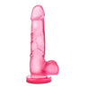 Translucent pink realistic dildo. Large rounded head. Pronounced veins along the straight shaft. Realistic balls. Suction cup base. Additional images show alternate angles.