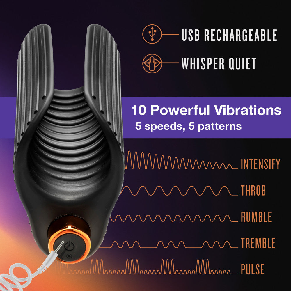M Elite Platinum | Wrapt 4 Inch Ribbed Vibrating Masturbator in Black - Made with Purio™ Ultra Soft Liquid Silicone