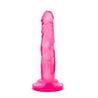 Translucent pink realistic petite dildo. Featuring a small tapered head for easy insertion and skin folds and veins along the straight but flexible shaft. Suction cup base. Additional images show alternate angles.
