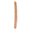 Mocha skin tone long, straight double dildo with a realistic head on either end and subtle veins throughout the entire length.  Additional images show alternate angles.