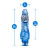 Translucent blue vibrating dildo has a realistic shape with a defined head and veins along the shaft. Silver bullet motor just below the head. Twist dial on bottom to adjust intensity. Additional images show alternate angles.