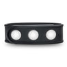 Black silicone strap with three silver metal snaps. Smooth silicone, low profile snaps. This adjustable ring is thin and flat. Additional images show alternate angles.