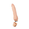 Vanilla skin tone vibrating dildo has an ultra realistic shape, with a defined but tapered head and veins along the shaft. Twist dial on bottom to adjust intensity. Additional images show alternate angles.