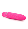 Pink vibrator with slim and straight design with tapered tip. Subtle raised floral design for added texture. Push button on bottom to adjust intensity. Additional images show alternate angles.