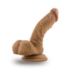 Mocha skin tone realistic dildo. Realistic head with pronounced lip. Veins and skin folds along the shaft, which has a prominent upward curve. Realistic balls. Suction cup base. Additional images show alternate angles.