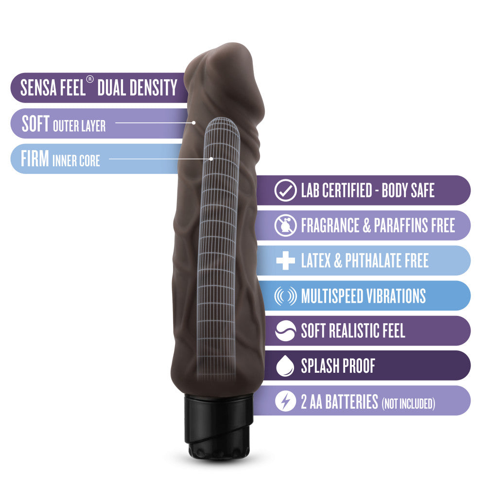 Ultra realistic, chocolate skin tone vibrating. With a defined head and subtle veins along the shaft. Long shaft with a very slight curve. Twist dial on bottom to adjust intensity.  Additional images show alternate angles.