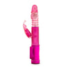 Thrusting and multi-directional rotating shaft with rotating beads and semi-phallic head and butterfly clit stimulator. Independent push button controls. Additional images show alternate angles.