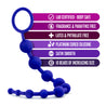 Set of ten indigo anal beads that start off very small and become progressively larger. Beads are connected to each other by flexible silicone. These beads have a ring at the base for safety and easy removal. Additional images show alternate angles.